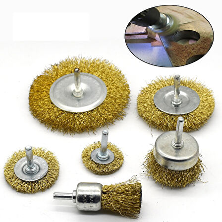 6 Parça Matkap Ucuna Takılan Pimli Tel Fırça Seti -Pas Yağ Kir Boya Yapışkan Çözücü Fırça