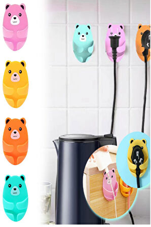 4Lü Renkli Sevimli Kucaklayan Ayıcık Fiş Kablo Tutucu Düzenleyici Yapışkanlı