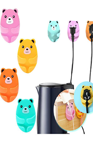 4Lü Renkli Sevimli Kucaklayan Ayıcık Fiş Kablo Tutucu Düzenleyici Yapışkanlı