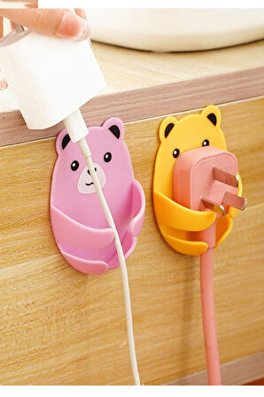 4Lü Renkli Sevimli Kucaklayan Ayıcık Fiş Kablo Tutucu Düzenleyici Yapışkanlı