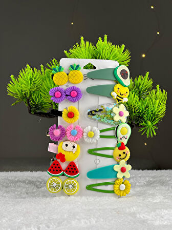 Yeşil Meyve Tema 14 Lü Set Çocuk Saç Tokası Seti Çoklu Figürlü Toka Set