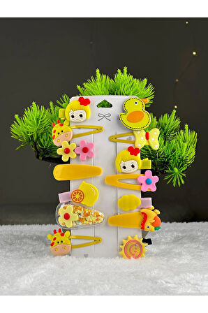 Sarı Hayvan Tema 13 Lü Set Çocuk Saç Tokası Seti Çoklu Figürlü Toka Set