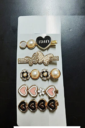 Gold Tema 5 Li Set Saç Tokası Seti Çoklu Figürlü Toka Seti - Kalp- - Min