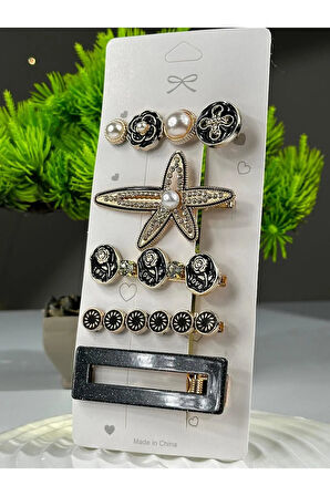 Gold Siyah Deniz Yıldızı Tema 5 Li Set Saç Tokası Seti Çoklu Figürlü Toka Seti