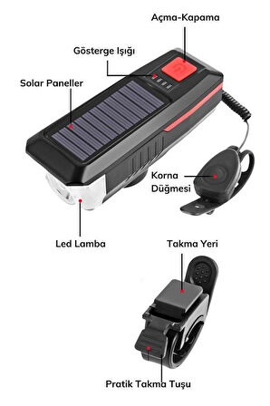 Solar Ledli Bisiklet Feneri Kornalı Usb Ile Şarj Edilebilir Su Geçirmez Far