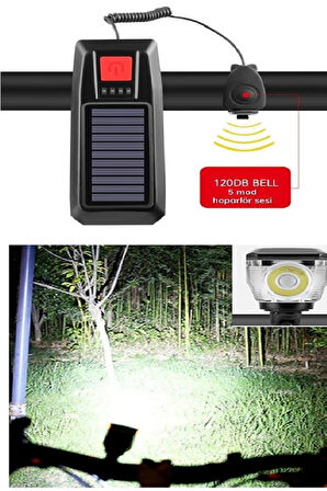 Solar Ledli Bisiklet Feneri Kornalı Usb Ile Şarj Edilebilir Su Geçirmez Far