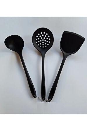 Yanmaz Yapışmaz Silikon Kaplama 3 Lü Mutfak Yemek Hazırlık Seti Kepçe Kevgir Spatula