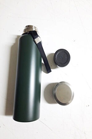 Çift Kat Paslanmaz Çelik Bardaklı 750 Ml Taşıma Şeritli Termos Kamp Bebek Mama Termosu -8690