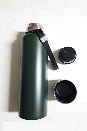 Çift Kat Paslanmaz Çelik Bardaklı 750 Ml Taşıma Şeritli Termos Kamp Bebek Mama Termosu -8690