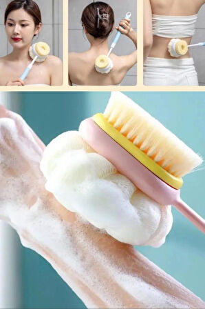 İki Taraflı Uzun Saplı Fırçalı Banyo Vücut Sırt Fırçası Banyo Lifi