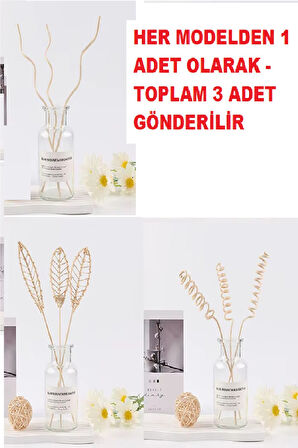 3 Tek Adet 3 Model Aromaterapi Koku Dağıtıcı Rattan Şişe Ahşap Difüzör Çubuk (Spiral-Yaprak-Dalgalı)