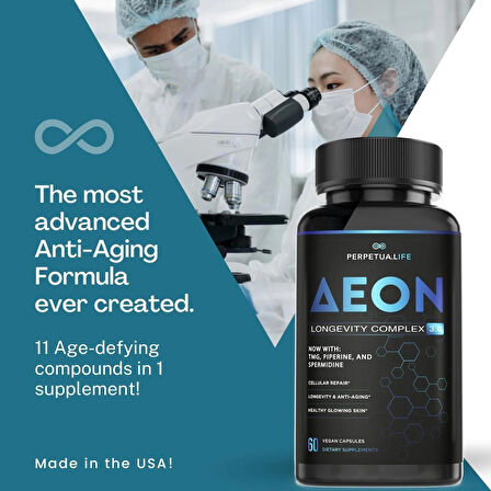 Perpetua Life AEON Liposomal NAD+ Longevity Complex, with NAD+, NR, Trans Resveratrol, Quercetin, Fisetin, L Theanine, TMG, EGCG, Spermidine, Astragalus, Anti-Aging Vegan, 60 Capsules