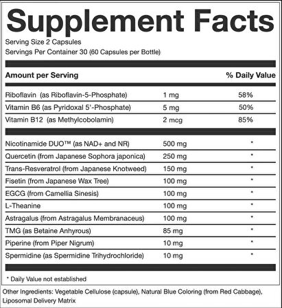 Perpetua Life AEON Liposomal NAD+ Longevity Complex, with NAD+, NR, Trans Resveratrol, Quercetin, Fisetin, L Theanine, TMG, EGCG, Spermidine, Astragalus, Anti-Aging Vegan, 60 Capsules