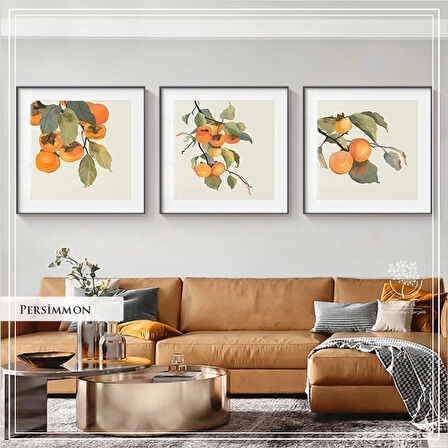 Metal Çerçeveli Camlı Persimmon 3'Lü Dekoratif Tablo