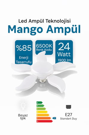 Dekoratif Pervane 5 Kollu 24W LED Ampul Katlanır Kanatlı Beyaz Renk Aydınlatma Tasarruflu Işık