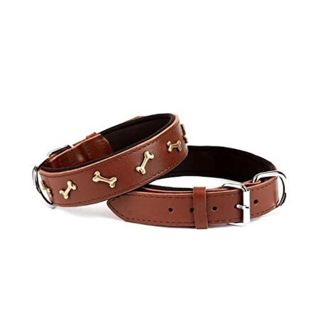 Petzanya Yumuşak Dokulu Kemik Süslü Köpek Boyun Tasması 3*42-50 cm Kahverengi
