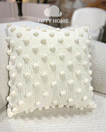 1 adet Puffy Peluş Kırlent kılıfı Krem Rengi 43x43 Cm El Örgüsü Kılıf 