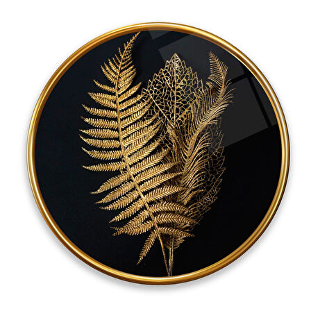 Gold Yapraklar Yuvarlak Cam Tablo | Hediyelik, Dekoratif, Ofis, Mutfak 