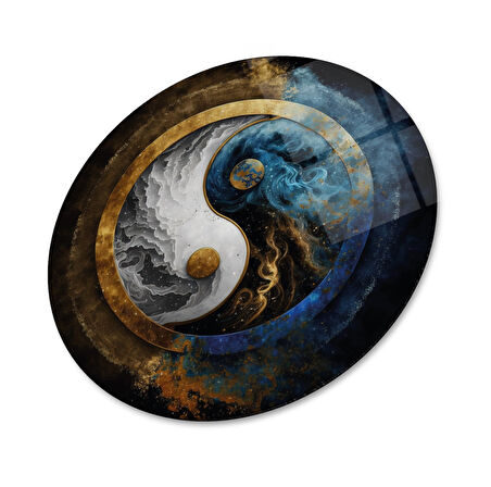 Ying Yang Yuvarlak Cam Tablo | Hediyelik, Dekoratif, Ofis, Mutfak 