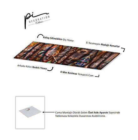 Afrika Maskeleri Panoramik Cam Tablo | Hediyelik, Dekoratif, Ofis, Mutfak 