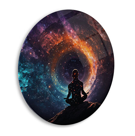 Meditasyon Adam Yuvarlak Cam Tablo | Hediyelik, Dekoratif, Ofis, Mutfak 