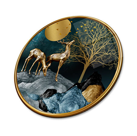 Gold Geyikler Yuvarlak Cam Tablo | Hediyelik, Dekoratif, Ofis, Mutfak 