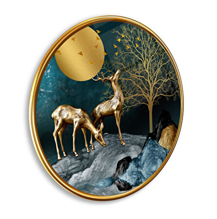 Gold Geyikler Yuvarlak Cam Tablo | Hediyelik, Dekoratif, Ofis, Mutfak 