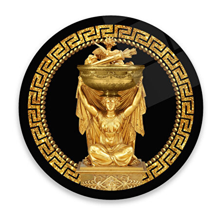 Antik Gold Yuvarlak Cam Tablo | Hediyelik, Dekoratif, Ofis, Mutfak 