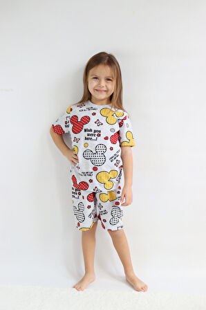 Kız Çocuk Gri Baskılı Şortlu Alt-Üst Basic Takım 3-10 Yaş