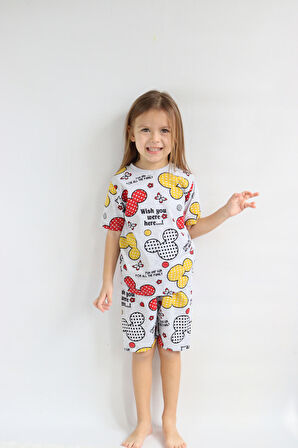 Kız Çocuk Gri Baskılı Şortlu Alt-Üst Basic Takım 3-10 Yaş