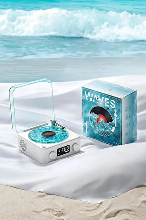 Waves Nostalji Plak Görünümlü Bluetooth Hoparlör 3D Ses Dalgası Retro Müzik Plak mavi