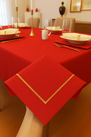 Çeyizlik Piko Sarma Detaylı Dertsiz Masa Örtüsü Simli Kırmızı