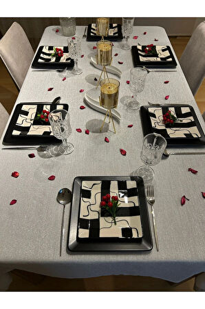 Çeyizlik Piko Sarma Detaylı Dertsiz Masa Örtüsü Simli Gümüş