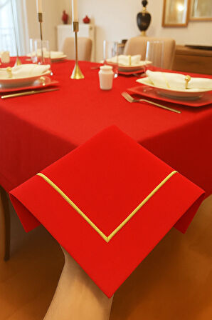 Çeyizlik Piko Sarma Gold Detaylı Dertsiz Masa Örtüsü Simsiz Kırmızı