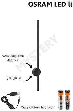 MYSTERY OSRAM LEDLİ SİYAH Şarjlı Pilli Aplik Modern Dekoratif Led Duvar Aplik 68cm GÜNIŞIĞI