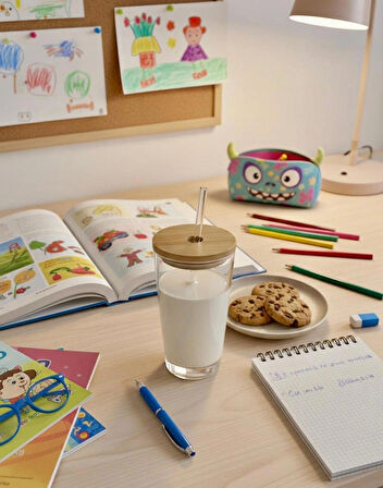 Berina Home Doğal Ahşap Kapaklı Cam Pipetli Bardak – 425 Cc, Büyük Boy, Smoothie, Soğuk Kahve ve Meyve Suyu, Limonata Bardağı