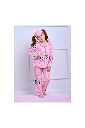 Kız Çocuk Desenli Düğmeli Uyku Bantlı Alt Üst Pijama Takımı