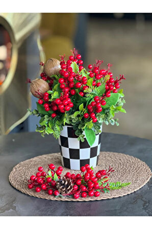 Yapay Kırmızı Kokinalı Damalı Seramik Vazo + Hasır Supla