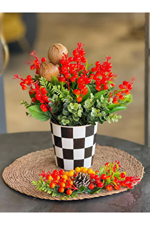 Yapay Turuncu Kokinalı Damalı Seramik Vazo + Hasır Supla