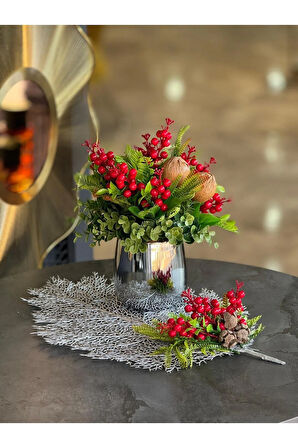 Yapay Kırmızı Kokinalı Gümüş Vazo + Gümüş Yaprak Supla