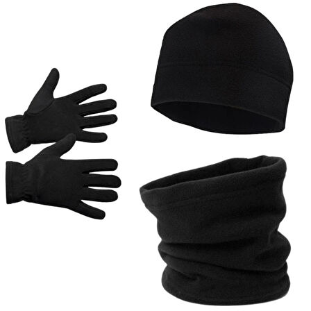 Erkek Siyah Kışlık Polar Eldiven - Polar Bere - Polar Boyunluk 3'lü Set