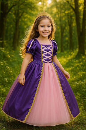 Taçlı Rapunzel Kostümü - Pelerinli Taclı Rapunzel Prenses Kostüm Prenses Elbise