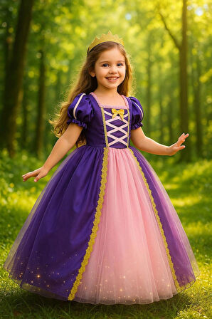 Taçlı Rapunzel Kostümü - Pelerinli Taclı Rapunzel Prenses Kostüm Prenses Elbise