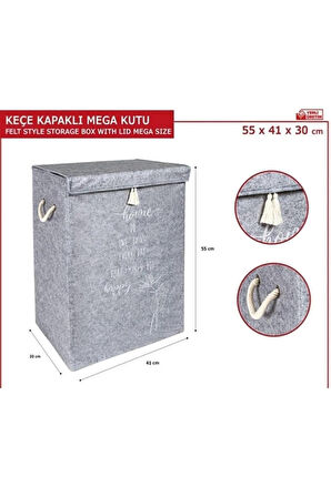 Keçe Kapaklı Çamaşır Sepeti, Çok Amaçlı Mega Saklama Kutusu Gri 55x41x30 cm