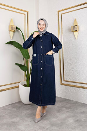 Kadın Düğmeli Uzun Kot Kap