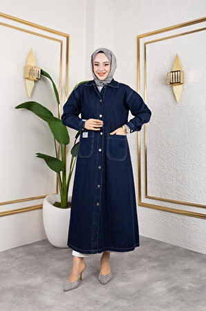 Kadın Düğmeli Uzun Kot Kap