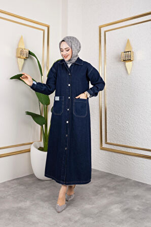 Kadın Düğmeli Uzun Kot Kap