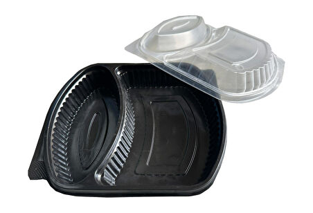 Şeffaf Kapaklı Sıcak Soğuk Isıya Dayanıklı Yemek Salata Kabı - 2 Bölmeli - 21x25 Cm. - 100 Adet