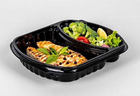 Şeffaf Kapaklı Sıcak Soğuk Isıya Dayanıklı Yemek Salata Kabı - 2 Bölmeli - 21x25 Cm. - 30 Adet