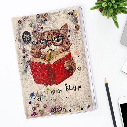 Kedi Desenli Simli ve Sulu Kapaklı A5 Defter